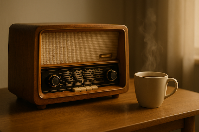 Gammal radioapparat i trä på ett bord, med kaffekopp bredvid